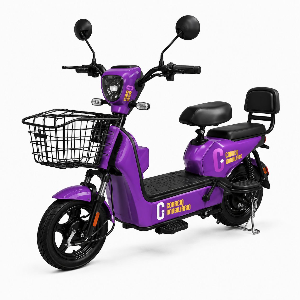 Scooter elétrica roxa com a marca Correio Imobiliário