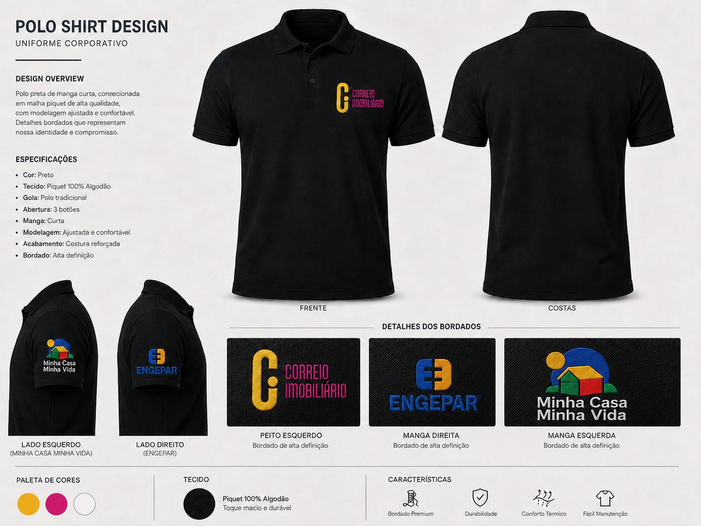 Projeto da camisa polo preta com bordados do Correio, Minha Casa Minha Vida e Engepar